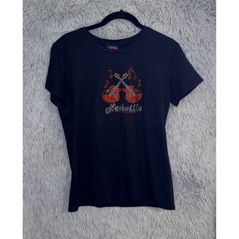Harley Davidson Nashville Rhinestone Guitar T Shirt Womens Size Large Black